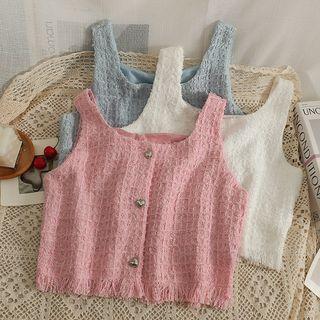 Fringed Button-up Tweed Tank Top