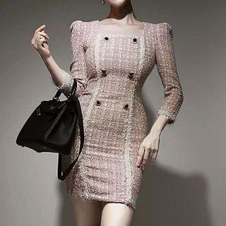 3/4-sleeve Tweed Double-breasted Sheath Dress