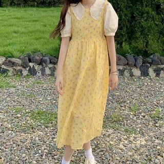 Short-sleeve Blouse / Floral Print Midi A-line Pinafore Dress