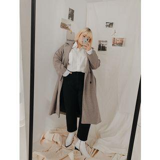 Double-breasted Herringbone Long Coat With Sash