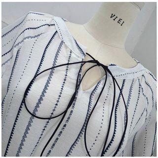 3/4-sleeve Striped Tie-neck Blouse