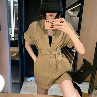 Plain Short-sleeve Playsuit Khaki - One Size