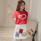 Set: Short-sleeve Heart Print T-shirt + Mini A-line Skirt