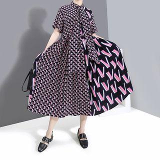 Short-sleeve Pattern Panel Midi A-line Shirtdress