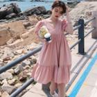 Short-sleeve V-neck Tie-back A-line Dress