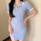 Short-sleeve Polo-neck Knit Mini Sheath Dress Blue - One Size