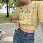 Short-sleeve Flower Embroidered Cable-knit Top