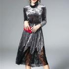 Long-sleeve Lace Panel Velvet A-line Midi Dress