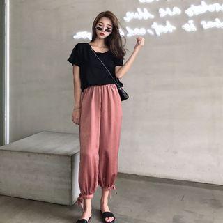 Plain Short-sleeve T-shirt / Elastic Waist Cropped Pants