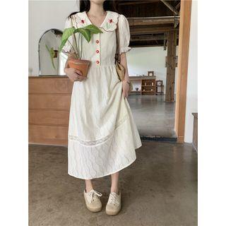Short-sleeve Flower Embroidered Dress Almond - One Size