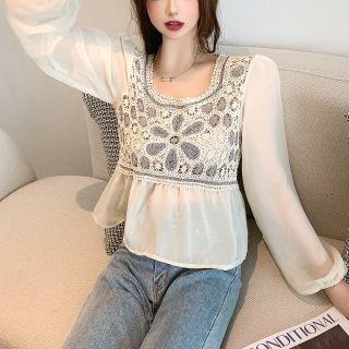 Knit Panel Chiffon Blouse Almond - One Size