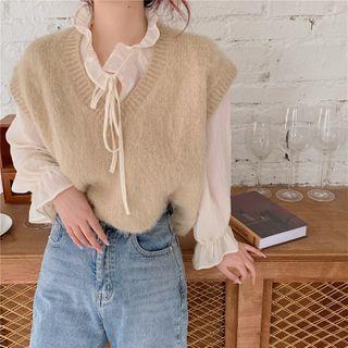 Long-sleeve See-through Blouse / V-neck Knit Vest