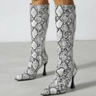 Flared Heel Snake Print Tall Boots