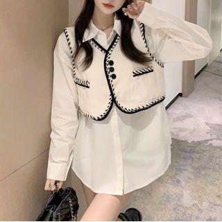Set: Plain Shirt + Button Sweater Vest Shirt - White - One Size / Vest - Beige - One Size