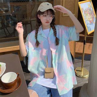 Elbow-sleeve Tie Dye Shirt Pink & Blue & Cyan - One Size