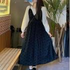 Set: Puff-sleeve Blouse + Patterned Midi Overall Dress