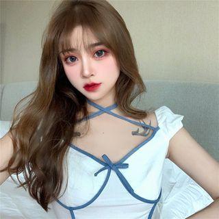 Contrast Trim Bow Puff-sleeve Cropped T-shirt
