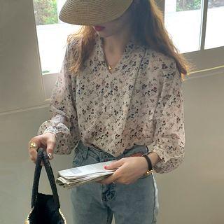 Puff-sleeve Floral Print Blouse Floral - Red & White - One Size