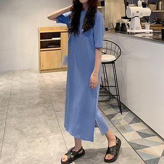 Elbow-sleeve Crew Neck Midi T-shirt Dress