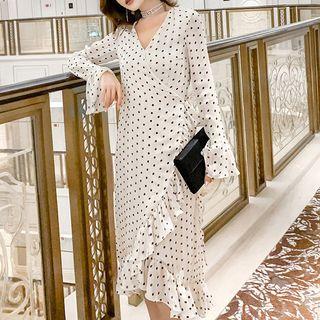Long-sleeve Chiffon Dotted Midi Dress