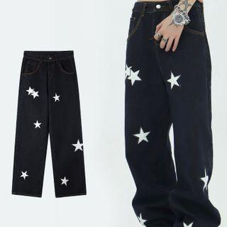 Low Rise Star Print Loose Fit Jeans