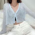 Long-sleeve Buttoned Crop Top Blue - One Size