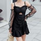 Set: Frill Trim Swimdress + Dotted Mesh Arm Sleeves
