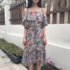 Short-sleeve Off Shoulder Floral Chiffon Dress