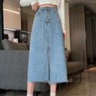 Medium Long High-waist A-line Slit Denim Skirt