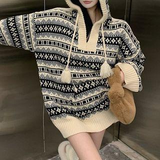 Patterned Pom Pom Knit Hoodie Almond & Black - One Size