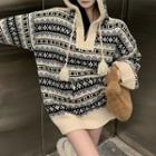 Patterned Pom Pom Knit Hoodie Almond & Black - One Size
