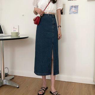 High-waist Side-slit Denim Maxi Skirt