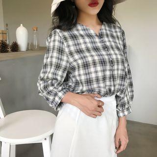 Plaid V-neck 3/4 Sleeve Blouse