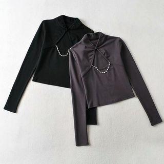 Long-sleeve Beaded Cutout Cropped T-shirt