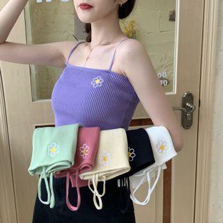 Floral Embroidered Ribbed Cropped Camisole Top