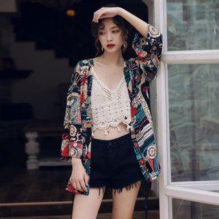 3/4-sleeve Patterned Jacket Red & Green & Black - One Size