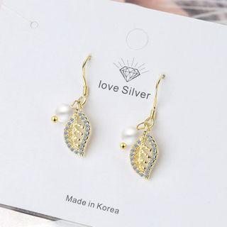 Rhinestone Leaf Faux Pearl Dangle Earring 1 Pair - Gold - One Size