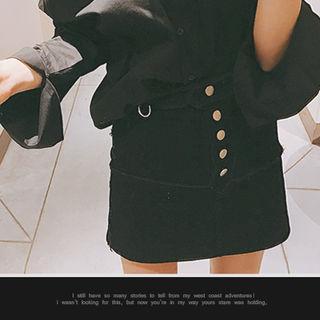 Frey-trim Button-detail Skirt