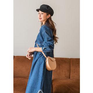 Tall Size Dual-pocket Fray-hem Midi Denim Shirtdress