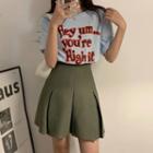 Elbow-sleeve Lettering T-shirt / Pleated Mini A-line Skirt