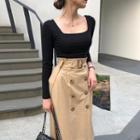 Square-neck Plain Long-sleeve Top/double-breasted High-waist Skirt