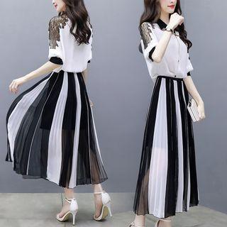 Set: Elbow-sleeve Chiffon Shirt + Pleated A-line Midi Skirt