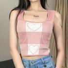 Heart Print Plaid Knit Tank Top Pink - One Size