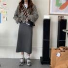 High-waist Plain Split Knit Midi Skirt