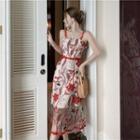 Spaghetti Strap Floral Embroidery Mesh Overlay Midi Dress