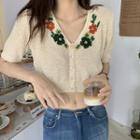 Short-sleeve Floral Embroidered Cropped Light Cardigan