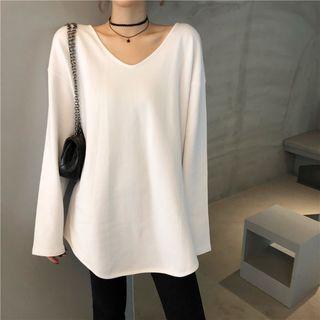 V-neck Lettering Long-sleeve T-shirt White - One Size
