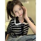 Short-sleeve Striped Polo Knit Top Black - One Size