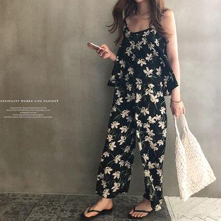 Set: Spaghetti-strap Floral Swing Top + Culottes