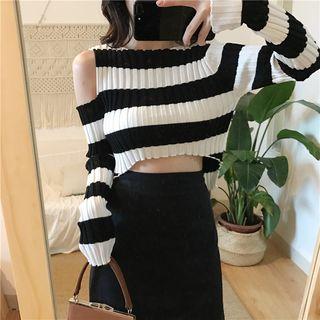 Striped Long-sleeve Cold-shoulder Crop Top